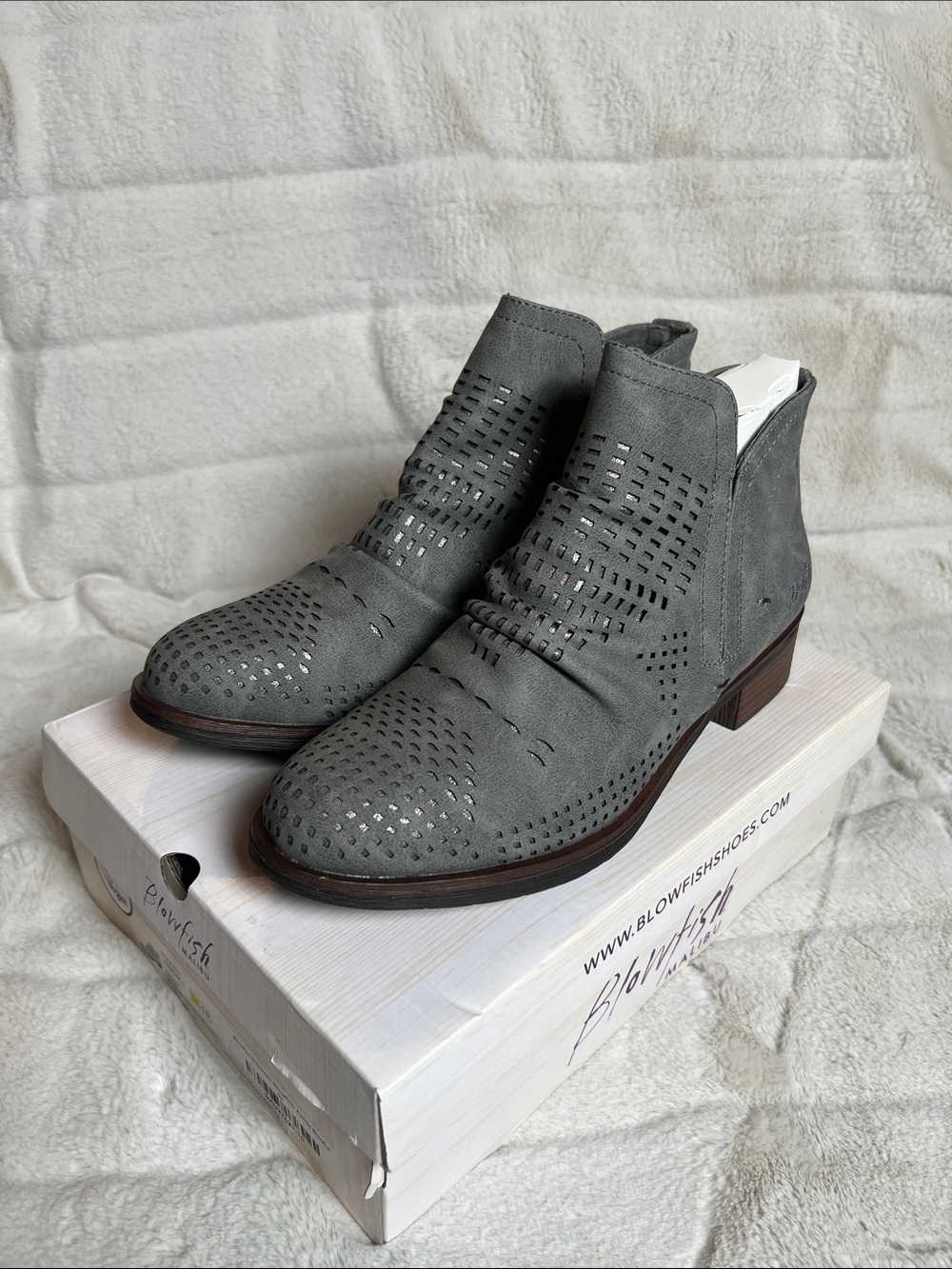 Blowfish Gray Perforated Suede Ankle Booties